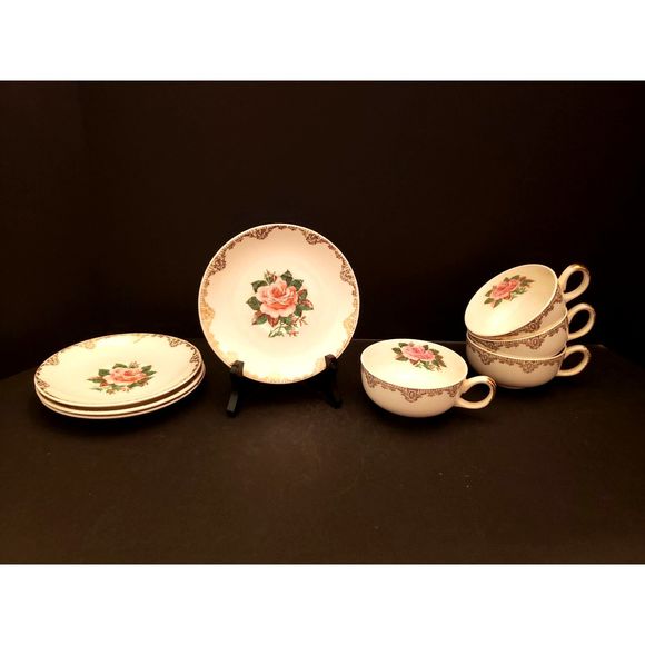 American Rose Cups Saucers Paden City Pottery Pink Roses Gold Vintage 4 sets - Picture 15 of 16